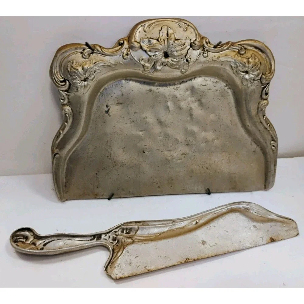 Vtg Art Nouveau Silent Butler Crumb Tray Scraper Set Stamped Aluminum Floral